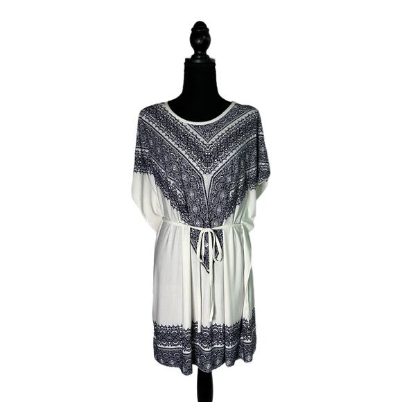 Christina Love White Dress with Blue Pattern and Sequins, Large, Pre-owned - Picture 1 of 8